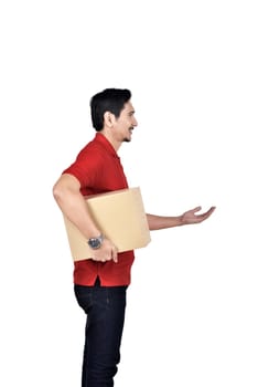 Professional asian delivery man with box standing isolated over white background