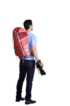 Rear view asian traveler man with camera and backpack isolated over white background