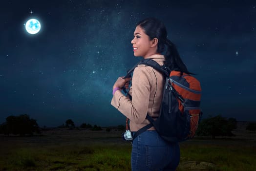 Happy asian traveler going explorer the nature at night