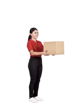 Professional asian courier woman delivering package posing isolated over white background