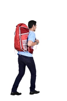 Images asian backpacker going traveling standing isolated over white background