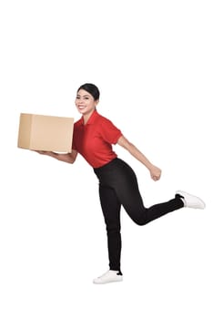 Images of asian courier woman delivering the parcel isolated over white background