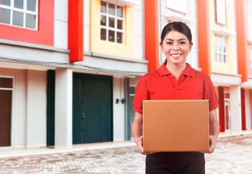Smiling asian courier woman delivering package to people