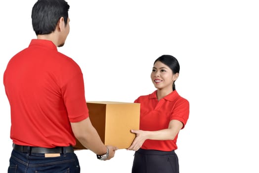 Rear view of asian courier man delivering the package to woman isolated over white background