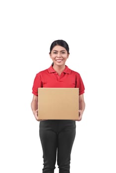 Smiling asian woman courier with cardboard box isolated over white background