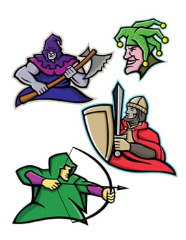 Mascot icon illustration set of a king or royal medieval court persons or characters like the hooded executioner, court jester, fool or joker, medieval knight and the medieval archer on isolated background in retro style.