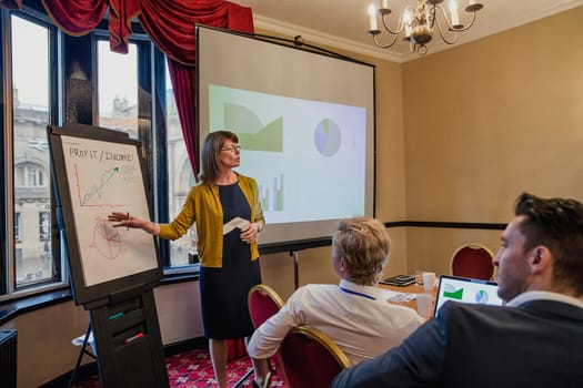 Side view of a businesswoman pointing at a flip chart with graphs and charts on. Having a staff meeting and talking about finances.