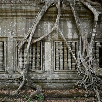 a window at the Tempel Ruins of Beng Mealea 32 Km north of the Temple City of Angkor near the City of Siem Reap in the west of Cambodia.  Cambodia, Siem Reap, April 2014