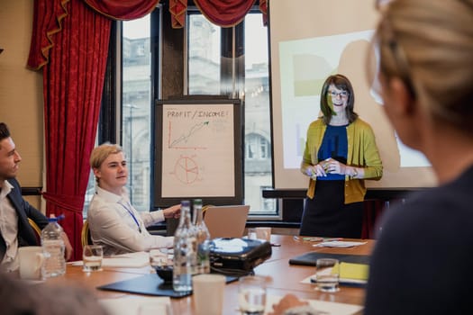 Point of view angle of a businesswoman giving a business presentation during a meeting.