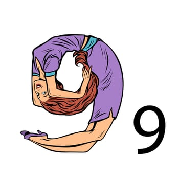 number 9 nine. Business people silhouette alphabet. Pop art retro vector illustration kitsch vintage drawing