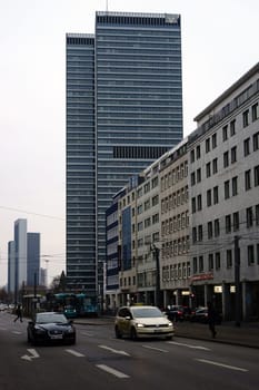 Frankfurt,Germany - March 02,2018: Modern high-rise buildings such as the Volksbank Tower and hotels as well as infrastructure along Mainzer Landstraße on March 2,2018 in Frankfurt.