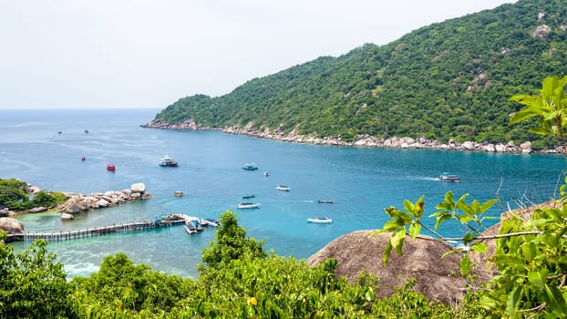 High angle view beautiful natural landscape sea at Ko Tao and pier for boat trip at Koh Nang Yuan Island is a famous tourist attraction in the Gulf of Thailand, Surat Thani, Thailand, 16:9 widescreen