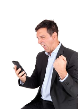 A very angry man holding his cell phone and screaming at it, making.a fist and shouting, isolated for white background.