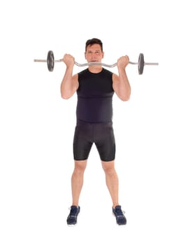 A middle age tall man standing from the front and lifting the weight.in a black exercising outfit, isolated for white background.