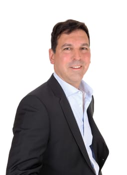 A close up image of a handsome middle age man in a suit, smiling into.the camera, isolated for white background.