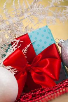 Balls, Gift box with red ribbon, Holiday background