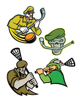 Mascot icon illustration set of lacrosse and ice hockey military and warrior mascots  of an army general, green beret skull, green archer and commando special forces on isolated background in retro style.
