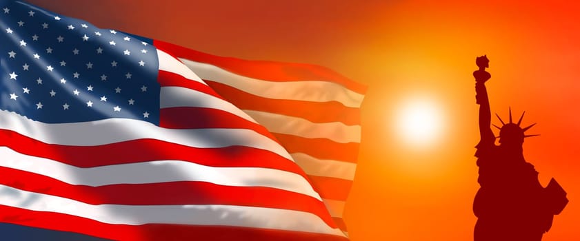 American flag and Statue of Liberty at sunset. American flag on a sunset background. American flag against the background of the sun.