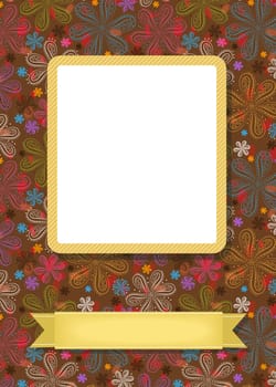 Graceful greeting card. Geometric colorful floral pattern. Yellow frame for custom photo. Yellow banner for custom text. Brown background