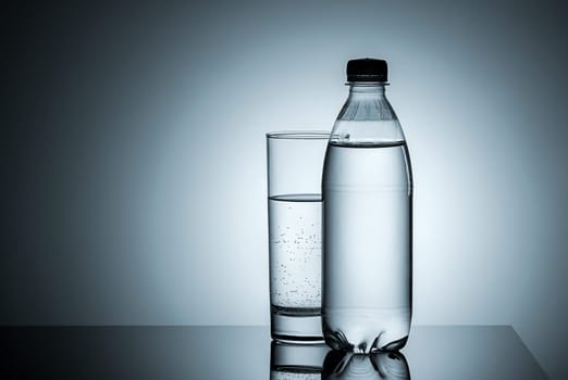 Plastic bottle and glass with water. Gradient background.