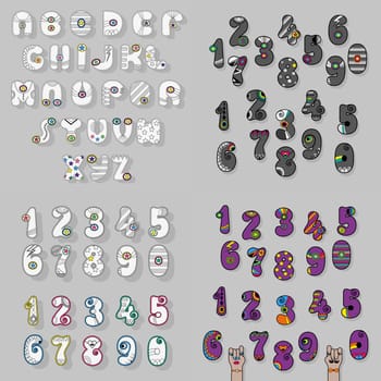 Set of Letters and Numbers. White, Gray and Purple symbols with Super Hero Decor. Cartoon hands looking at each other.  Illustration