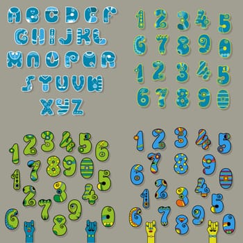 Set of Letters and Numbers. Blue and Green Alphabets with oriental decor. Cartoon hands looking at each other.  Illustration