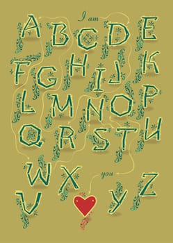 Artistic alphabet with encrypted romantic message I yearn for you. Yellow letters with floral decor. Watercolor graceful flowers and plants. Two red hearts are as the begining and the end of the message. Illustration