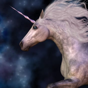 Cosmic stars surround the beauty of a dapple grey unicorn as he prances across the universe.