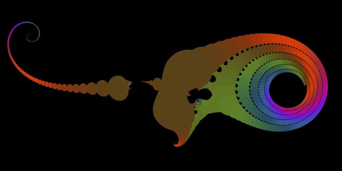 An abstract fractal design representing a flagellate sperm organism with a whip-like tail.