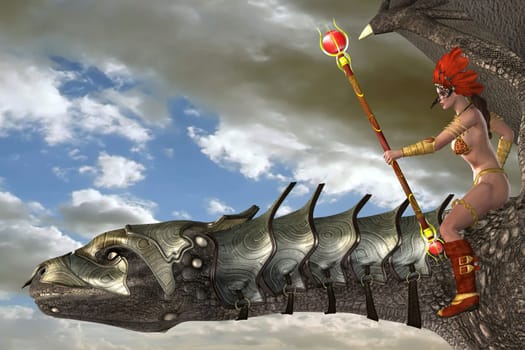 A young woman in tribal fashion guides her dragon with a magic staff flying through the clouds.