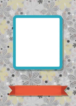 Graceful greeting card. Geometric floral pattern. Blue frame for custom photo. Red banner for custom text. Gray background