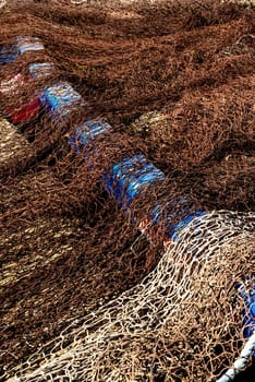 Fishing nets resting on the boat prepared for the slaughter of tuna on the high seas.