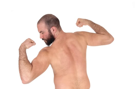 A young man standing shirtless from the back working out and showing.his body, isolated for white background.