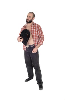A full body image of a man in a open checkered shirt wearing a.cowboy hat and black jeans, isolated for white background.