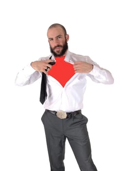 A handsome young man in a white shirt showing his red .undershirt, with a beard and mustache, isolated for white background.