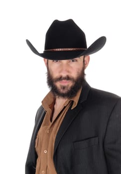 A young serious looking man in a gray blazer and black cowboy hat.in a close up portrait, isolated for white background.