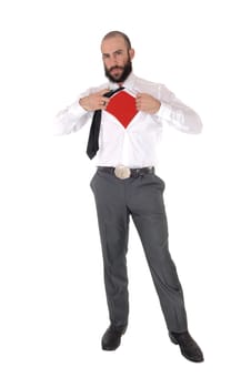 A handsome young man in a white shirt showing his red undershirt .with a beard and mustache, isolated for white background.