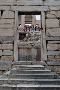 ATHENS, GREECE - MAY 6, 2014: The Beule Gate and view of Propylaia west entrance to the Acropolis, Athens Greece.