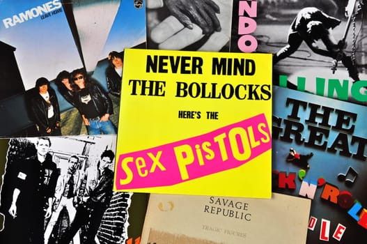 ATHENS, GREECE - MARCH 6, 2014: Punk rock music vintage vinyl records from the late 70s and early 80s.