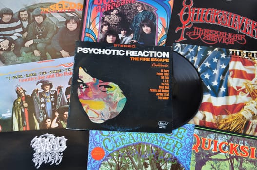 ATHENS, GREECE - APRIL 2, 2014: Psychedelic rock and garage punk music from the 1960s. Vintage vinyl records cover art.