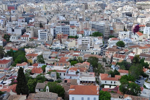 ATHENS, GREECE - MAY 6, 2014: The traditional Plaka neighborhood and view of downtown Athens, Greece.