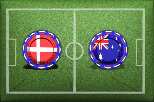 Football, World Cup 2018, Game Group C, Denmark - Australia, Thursday, June 21, Button with national flags on the green grass.