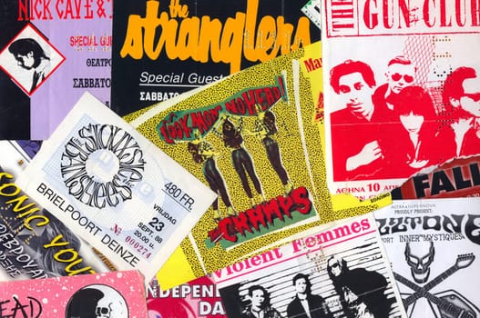 ATHENS, GREECE - FEBRUARY 24, 2014: Vintage live gig concert tickets punk and indie rock music memorabilia from the 1980s and 1990s.