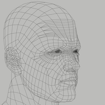 Man wireframe 3d illustration. Head and face human figure abstract outline.