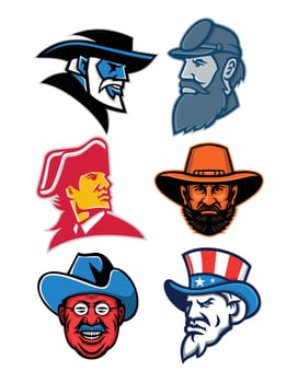 Mascot icon illustration set of heads of American Generals and Statesman like General Robert E Lee, General Stonewall Jackson, General Ulysses Simpson Grant, Theodore Roosevelt of the Rough Riders, an American revolution commander and Uncle Sam on isolated background in retro style.