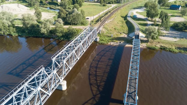 Gauja river railroad bridge Latvia aerial drone top view