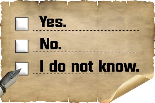 Checkbox with inscription in English "Yes, No, I do not know"" on old document paper.."