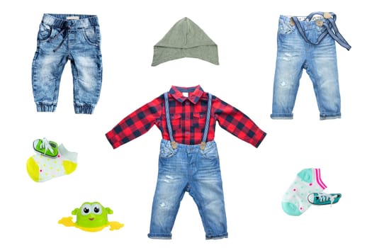 Collection of blue jeans for boys isolated on white background. Spring and summer fashion.