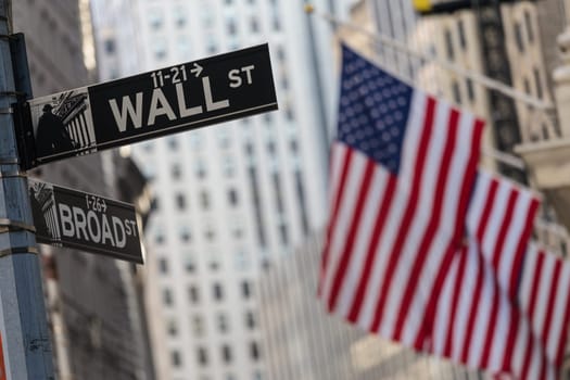Wall street sign in New York City with American flags and New York Stock Exchange in background.