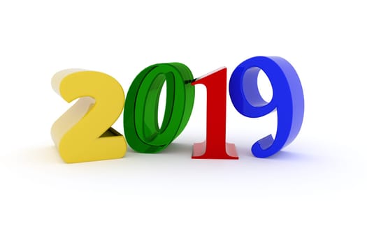 Colorful 2019 on a white background, New Year concept, 3d rendering